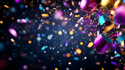 A vibrant explosion of colorful confetti and festive decorations creating a joyful, celebratory atmosphere against a dark background
