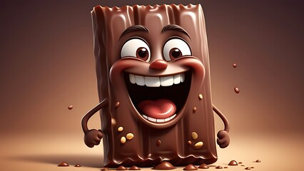 Illustration of a cartoon chocolate bar with emotion. A chocolate bar character with a cheerful grin, suitable for confectionery branding or playful dessert-themed projects.