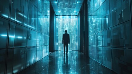 A silhouette of a person stands in a futuristic, glowing corridor filled with digital elements.
