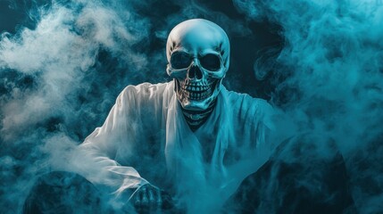 Skeleton figure amidst swirling blue smoke creates eerie atmosphere
