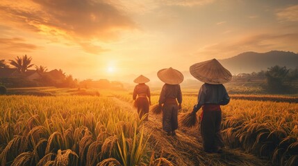 Fototapeta premium The art of harvesting: rice fields at sunrise with farmers in straw hats and vintage clothing