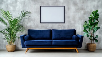 Modern living room with a blue sofa, plants, and a blank framed wall.