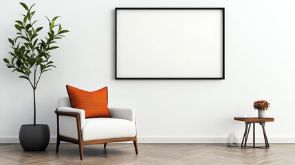 Modern living room with a white chair, orange pillow, plant and blank frame on the wall