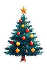 Obraz premium Simple&nbsp;flat cartoon Christmas tree with layered green design, decorated with red, yellow and blue ornaments, golden&nbsp;star, and brown trunk in&nbsp;playful children's book style, on transparent background