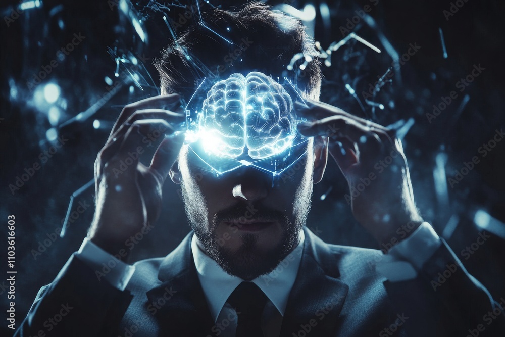 Poster futuristic concept of human mind with digital brain visualization representing intelligence and tech
