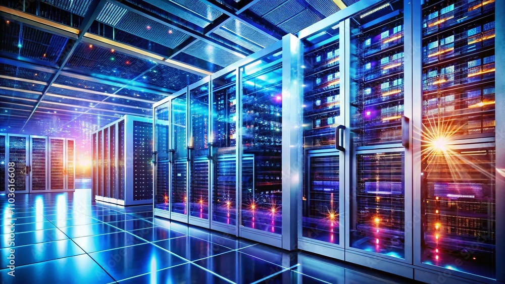 Poster futuristic server hardware illuminated with vibrant lights in a modern data center, showcasing advan
