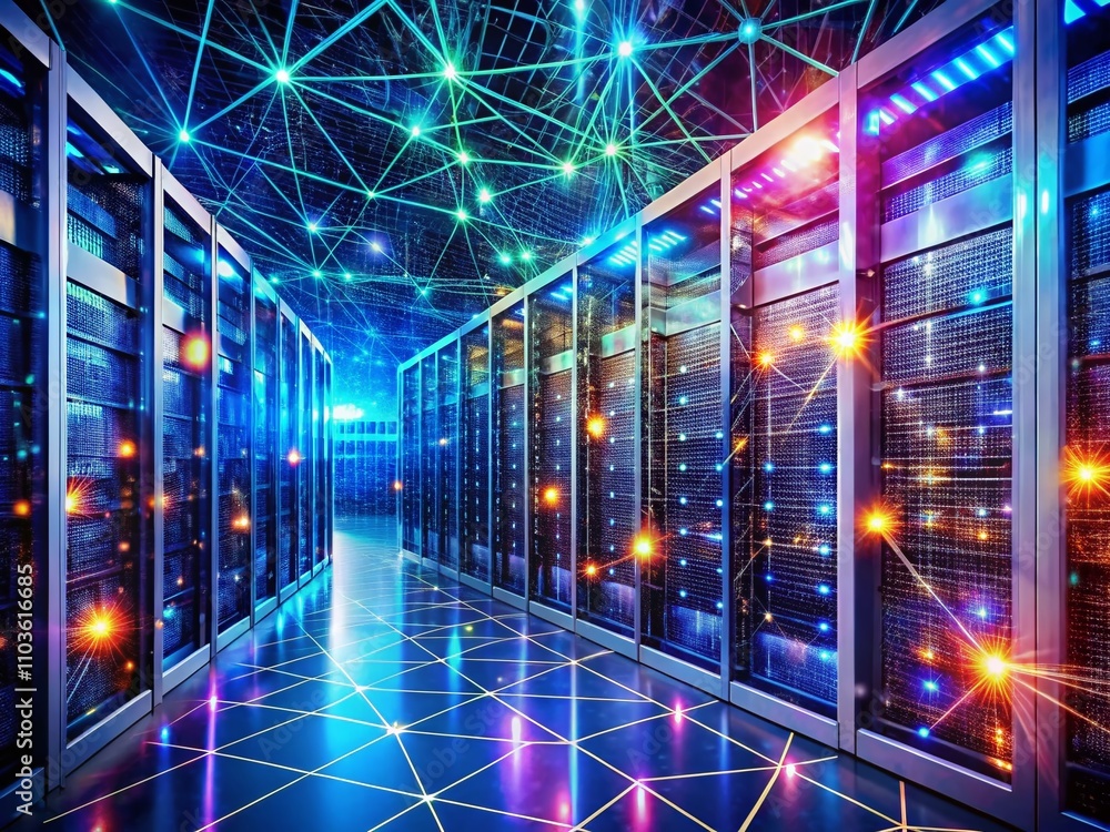 Poster futuristic server room with glowing connectivity and advanced networking in a modern datacenter, sho
