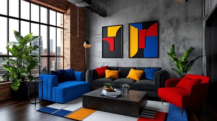Modern living room with colorful furniture and artistic decor.