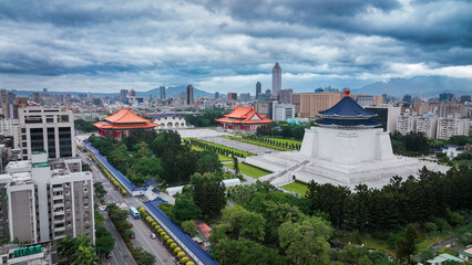 Aerial view of the National Chiang Kai shek Memorial Hall in Taipei, Taiwan on a cloudy day