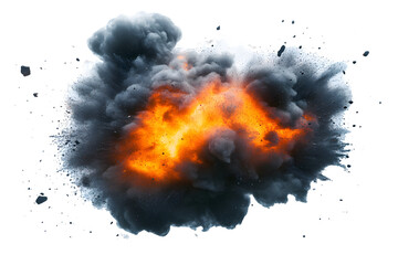 Cinematic explosion scene with orange flames and dark smoke plumes, featuring dynamic particle effects and dramatic blast impact in high-contrast photorealistic rendering, on transparent background
