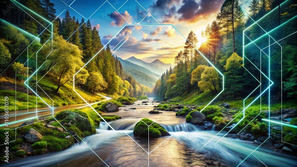 Poster futuristic stream overlay with geometric frames for modern digital art and creative design projects