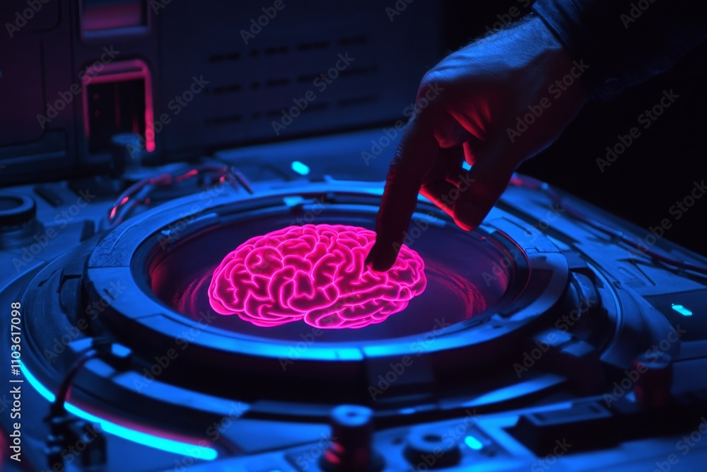 Poster futuristic technology interface with a holographic brain representation highlighted in neon pink col