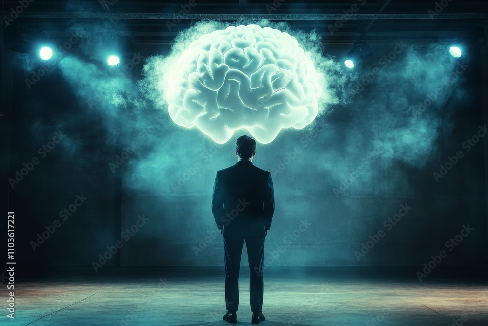 Poster futuristic visualization of a human brain above a man reflecting ideas and concepts in a dark atmosp