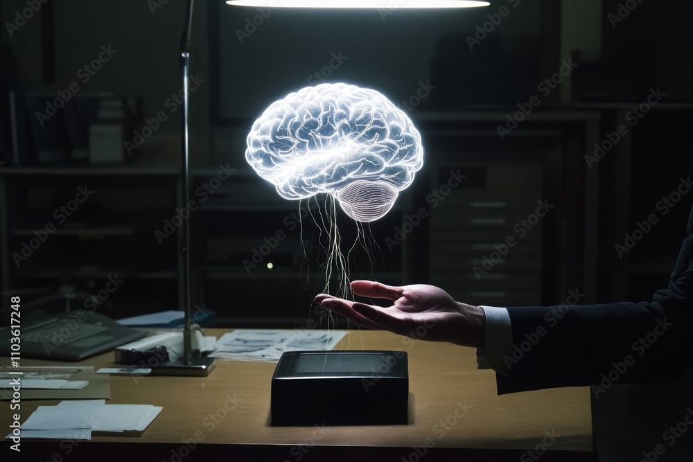 Poster futuristic visualization of a brain with neural connections displayed above a human hand in a profes