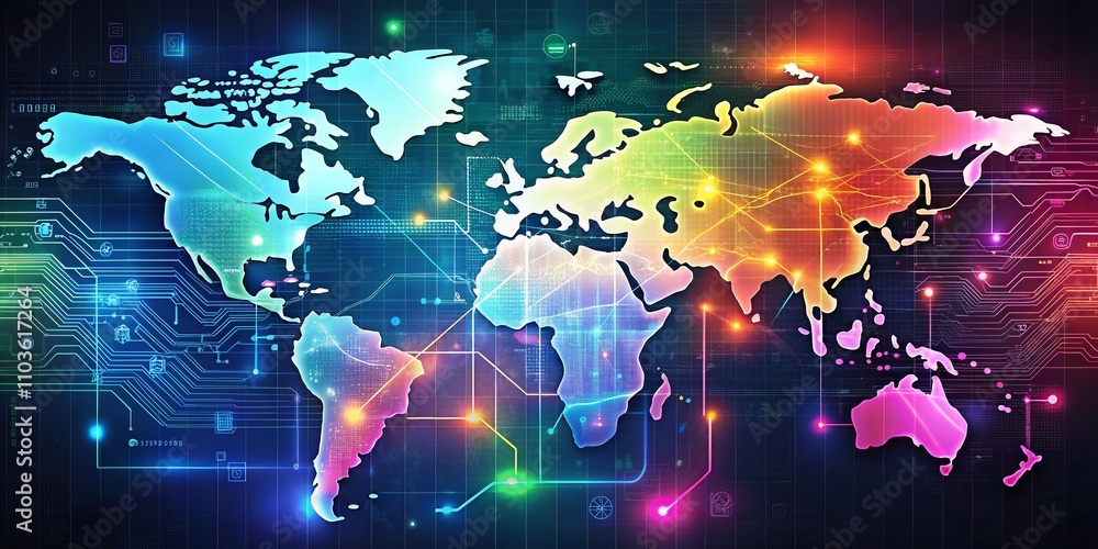 Aufkleber futuristic technology world map with digital elements showcasing global connectivity and innovation 