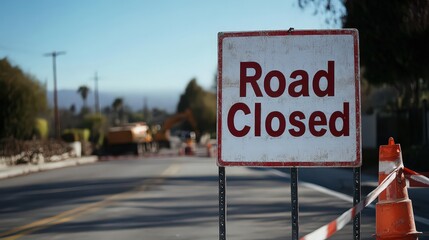  Road closed sign with cones and tape blocking a suburban street, highlighting infrastructure maintenance and traffic control.