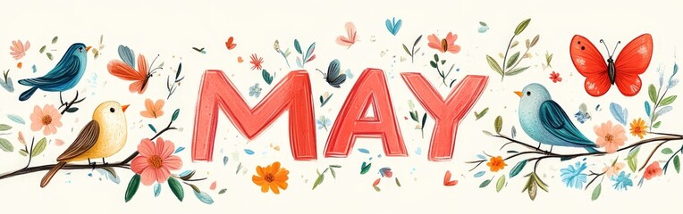 May Spring Banner with Birds and Flowers