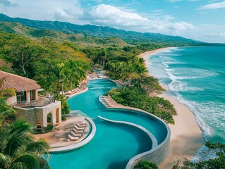 Luxurious tropical resort by the seaside with stunning water views, tropical resort advertisement, drone view