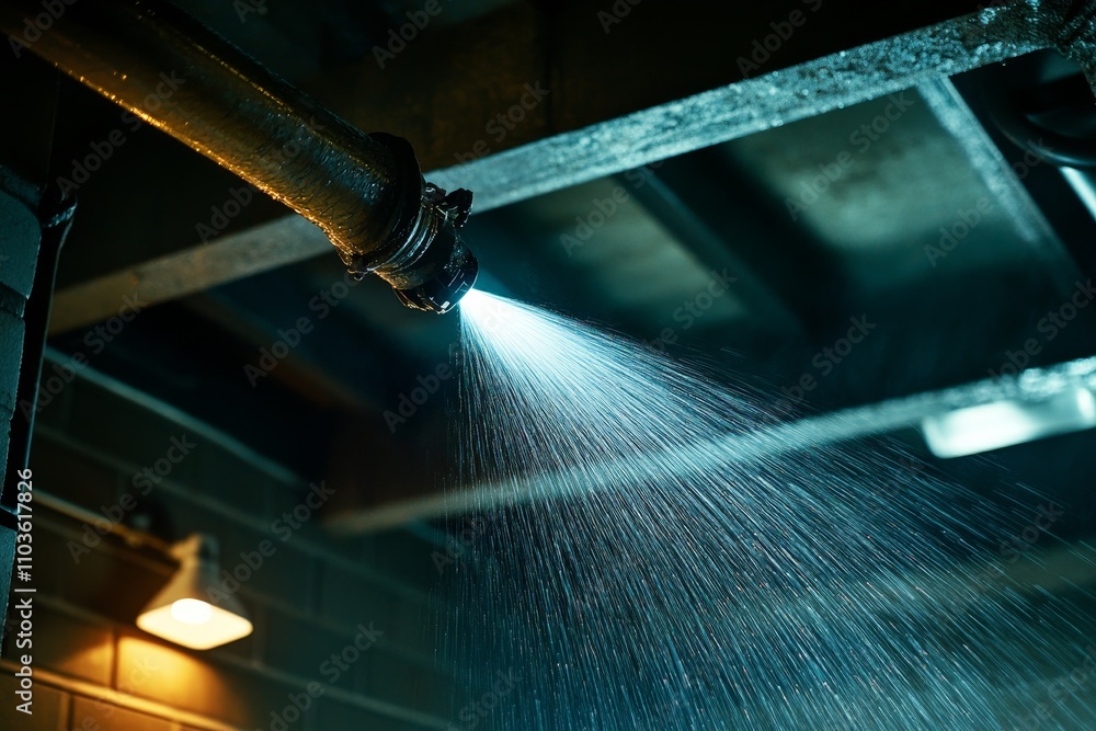 Poster illuminated water spray from industrial pipe in dark environment captured in sharp focus, highlighti