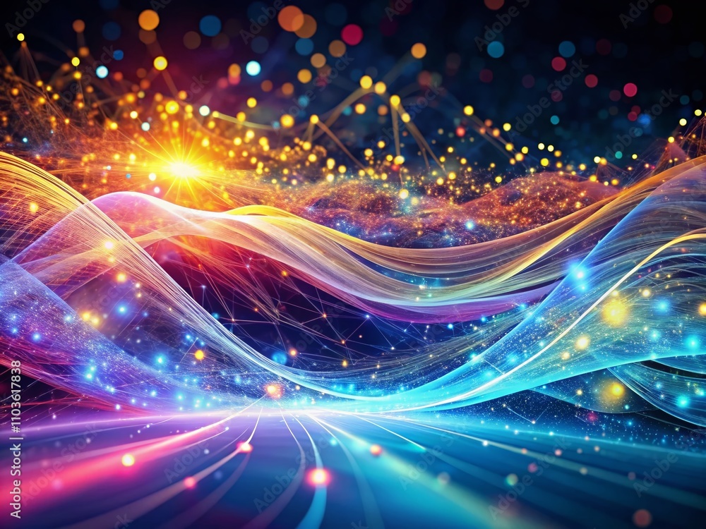 Poster futuristic wave of glowing particles and lines in a digital landscape, representing big data visuali
