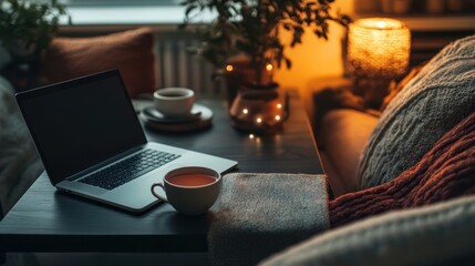 Cozy Evening Atmosphere Laptop and Tea Illustration