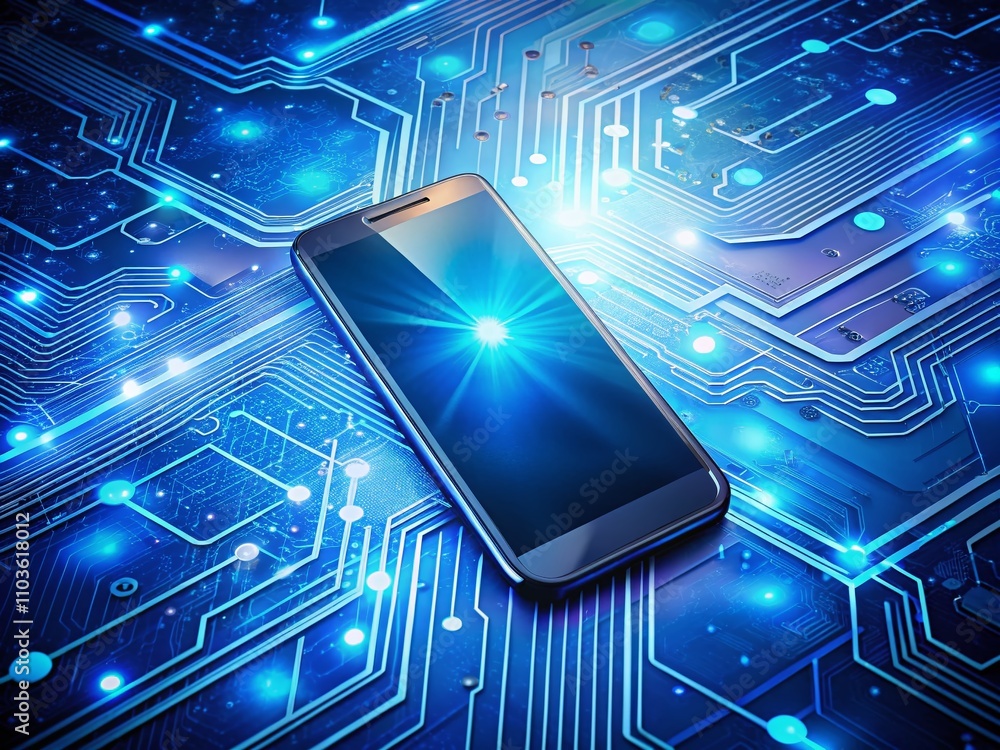 Poster futuristic wireless communication concept featuring a mobile phone displaying a blue screen on an el