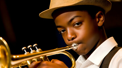 A young African American boy plays the trumpet, wearing a fedora hat, showcasing musical talent and passion.