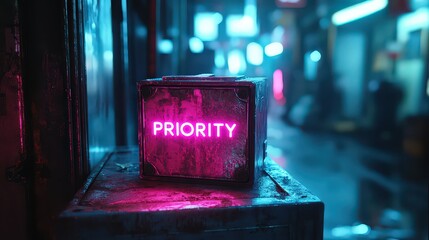  Cube-shaped package emits bright pink neon glow from seams, with "PRIORITY" in sharp, electric-blue lettering across its side.