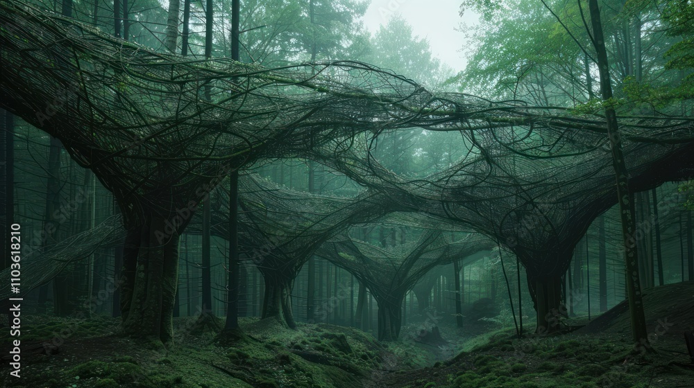 Poster a mystical forest scene with intertwined branches creating a surreal atmosphere.
