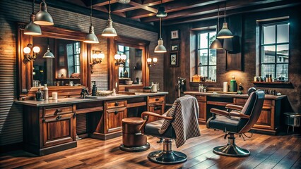 Fototapeta premium Gentleman's Barbershop Interior with Low Light Ambiance Featuring Hipster Grooming Tools, Mirrors, Towels, and a Stylish Atmosphere for Haircuts and Grooming Services