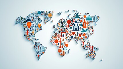 Colorful World Map with Cultural Icons and Symbols