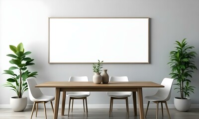 A modern dining room with a large white wall , a wooden table , and white chairs