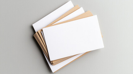 Blank business cards stacked neatly on light gray background, showcasing minimalist design. Perfect for branding or personal use