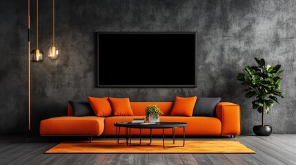Stylish orange sofa in a modern living room with green plant and ambient lighting.