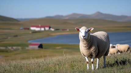Obraz premium Sheep graze peacefully in sprawling green pastures, reflecting harmony between nature and agriculture.