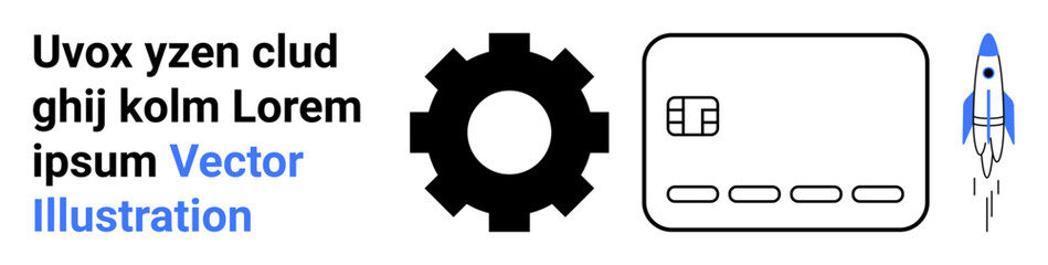 Gear icon, credit card, and rocket drawing alongside placeholder text in bold and blue color scheme. Ideal for technology, financial services, innovation, startup, engineering, online payments user