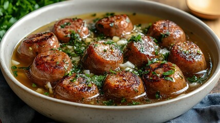  Bowl of plump meatballs in a rich broth topped with fresh parsley and diced onions, creating a hearty and aromatic dining experience.