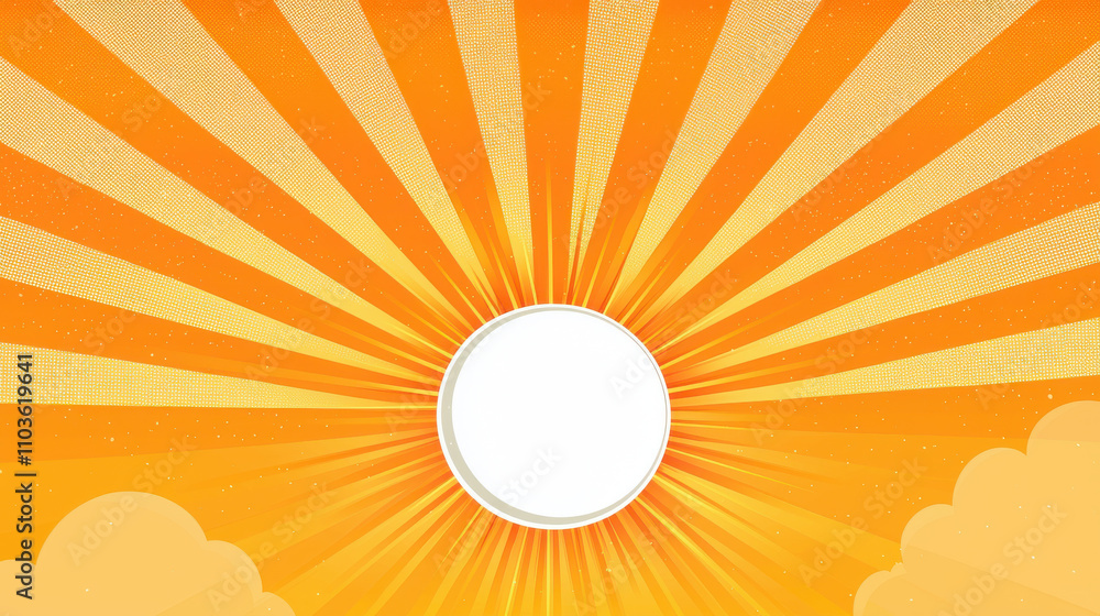 Poster bright orange and yellow rays of sun radiate from central circle, creating vibrant vintage backgroun