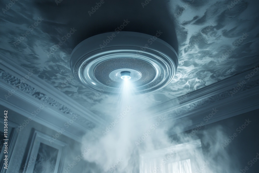 Aufkleber modern ceiling light emitting soft beam of light and mist in stylish room with elaborate ceiling des