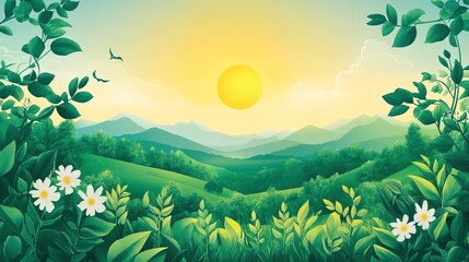 Fototapeta premium A vibrant illustration promoting environmental appreciation with diverse landscapes, plants, and a bright sun