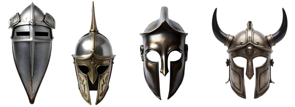 Set of various medieval helmets isolated on transparent background.