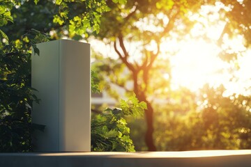Modern Electrical Box Surrounded by Lush Greenery and Soft Sunlight in Urban Garden Setting, Showcasing Harmonious Integration of Technology and Nature