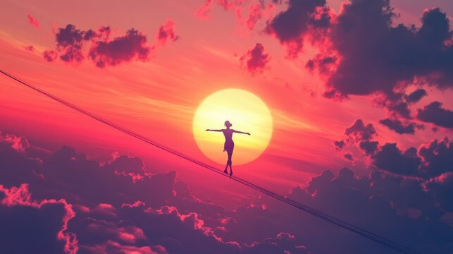 An adventurous tightrope walker silhouetted by the soft pinks and oranges of a vibrant sunrise, high above the earth