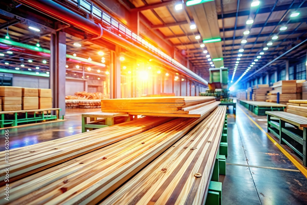 Poster glued laminated timber production: a bokeh effect view of timber moving on a factory line, showcasin