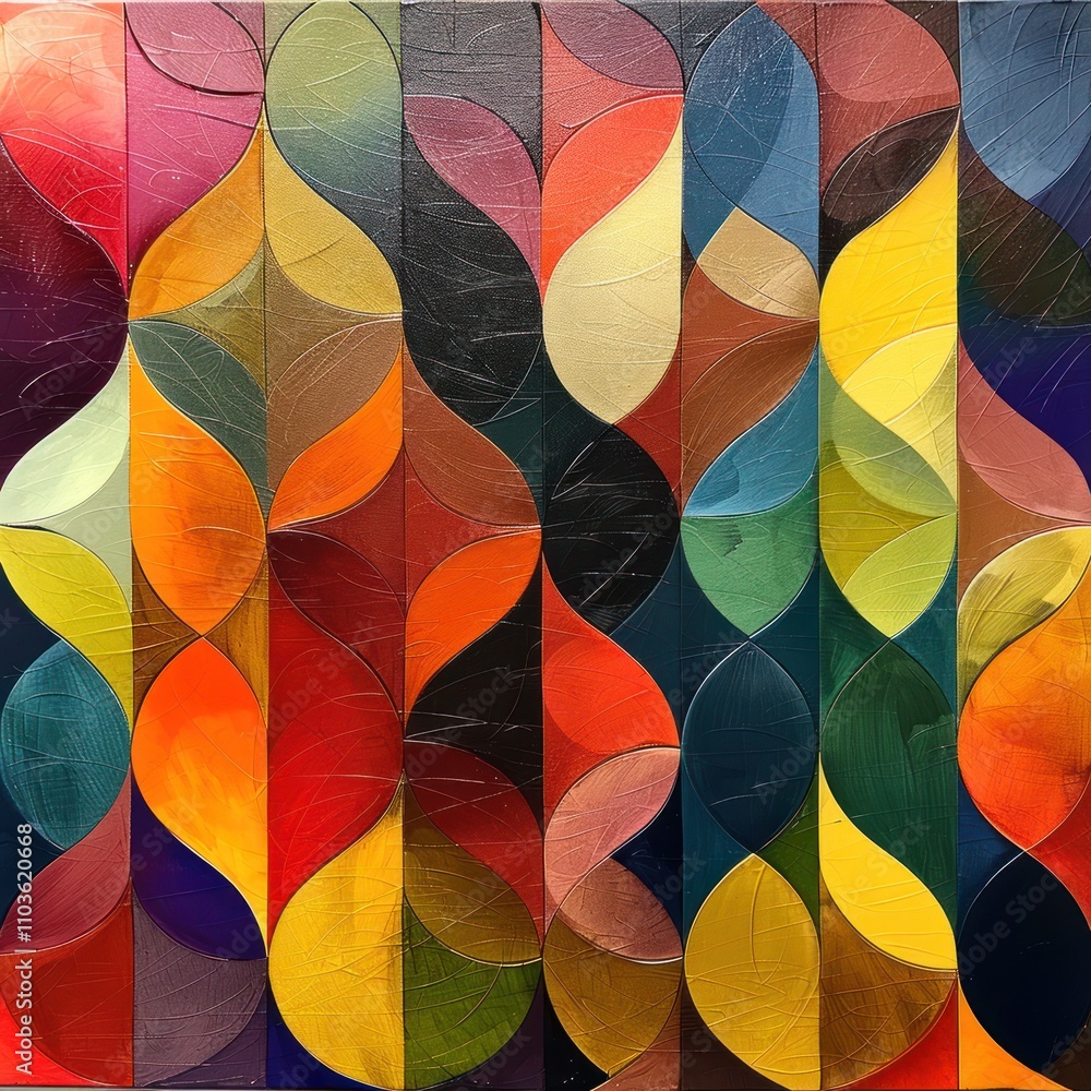 Poster abstract artwork featuring vibrant, flowing shapes and colors, creating a dynamic visual rhythm.