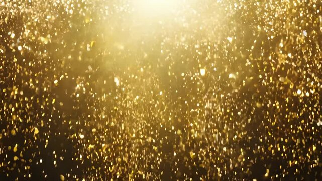 Golden glitter background in slow motion. Beautiful transition with real gold particles flying in wind on black background. Gold dust bokeh abstract background - Powered by Adobe