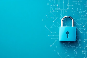 A blue padlock against a turquoise background, symbolizing security and protection, accompanied by a network of abstract lines and nodes.