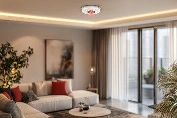 Modern Living Room Interior Featuring a Smoke Alarm Device, Stylish Sofa with Cushions, Art on Wall, and Natural Light Streaming Through Large Windows