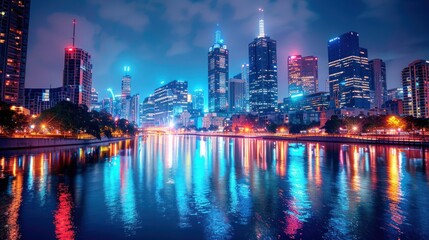 Obraz premium A vibrant city skyline reflecting on water at night, showcasing urban life and architecture.