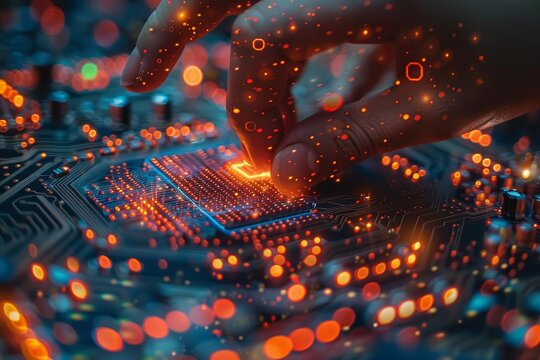 Quantum computing transforming information processing depicted on a processor with human interaction